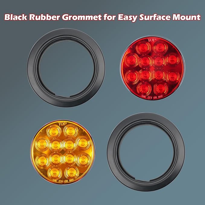 2Pcs 4.2 inchRed Round LED tail trailer light 12 LEDs IP67 Waterproof Stop Brake Turn Signal Reverse marker Tail Light Surface Mount, Light for boat trailer (4" Round Red)