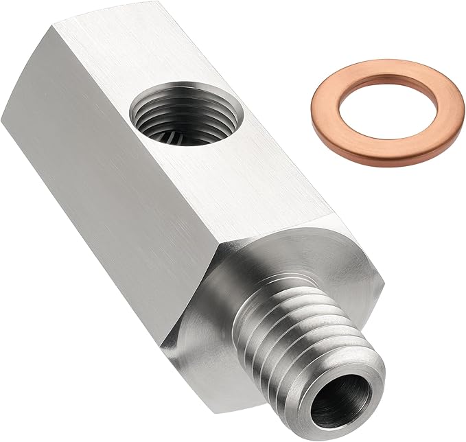 EVIL ENERGY M10*1.5 Oil Pressure Sensor Tee Adapter, Stainless Steel M10*1.5 Metric Female to Male Threaded Oil Pressure Adapter with 1/8 NPT Female Port, Gasket, Sliver