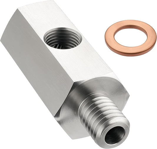 EVIL ENERGY M10*1.5 Oil Pressure Sensor Tee Adapter, Stainless Steel M10*1.5 Metric Female to Male Threaded Oil Pressure Adapter with 1/8 NPT Female Port, Gasket, Sliver