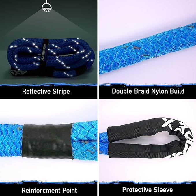 Kinetic Recovery Rope (Reflective) | 1in x 20ft 48,500Lbs Heavy Duty, 35% Elasticity Tow Rope - Offroad Snatch Strap for 4x4 Truck SUV UTV ATV Jeep