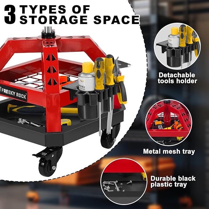 Rolling Shop Stool with Wheels, Heavy Duty Garage Work Mechanic Stool with Backrest, Adjustable Height 360°Swivel Rolling Chair with Tool Tray Storage, 330 LBS Capacity, Red