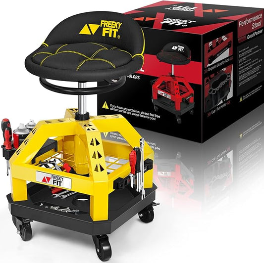 Rolling Shop Stool for Garage with Casters, DO02-Adjustable Height 360° Swivel Shop Seat with Tool Tray Storage, 330 LBS Capacity Padded Mechanic Stool, Magnetic Tool Hold, Heavy Duty,Yellow