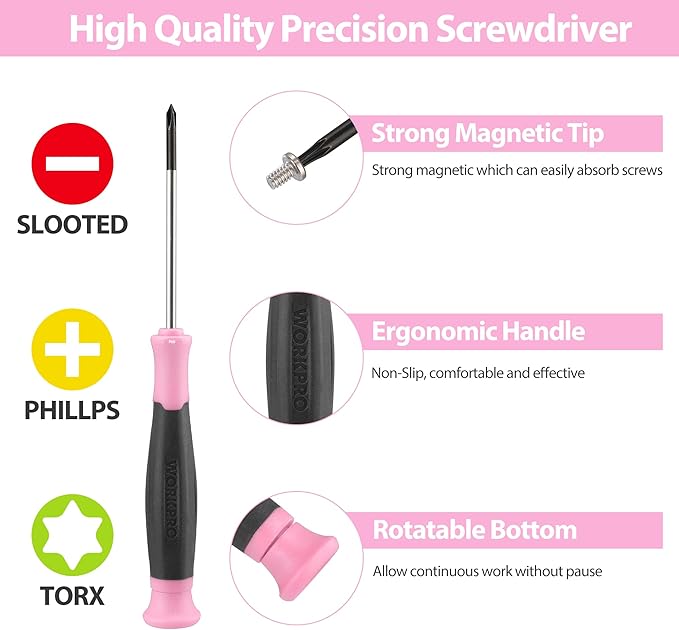 WORKPRO 33PCS Precision Repair Tool Set Includes Pliers Set, Screwdrivers Set, Craft & Utility Knife, Tweezers, Electronic Repair Tool Kit with Pouch for Laptops, Phones, Computer - Pink Ribbon