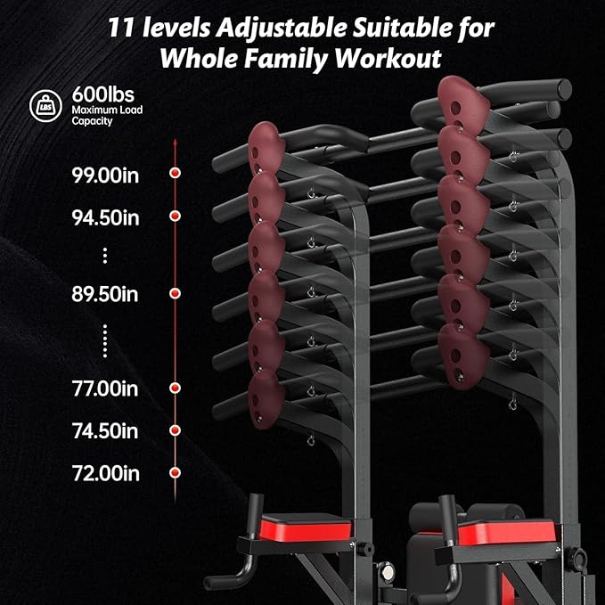 Power Tower Dip Station Pull Up Bar for Fitness Home Gym Workout,Multi-Function Adjustable Height Fitness Strength Training Exercise Equipment,with Power Elastic Ropes (Red Black)