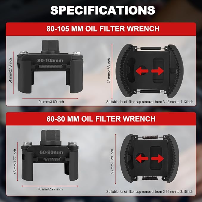 Adjustable Oil Filter Wrench 2 Pcs, 60-80 & 80-105 mm (2.36-3.15 & 3.15-4.13 inch), Heavy Duty Universal Oil Filter Removal Tool 1/2 inch Drive, Cap Style Oil Filter Tool Perfect Fits