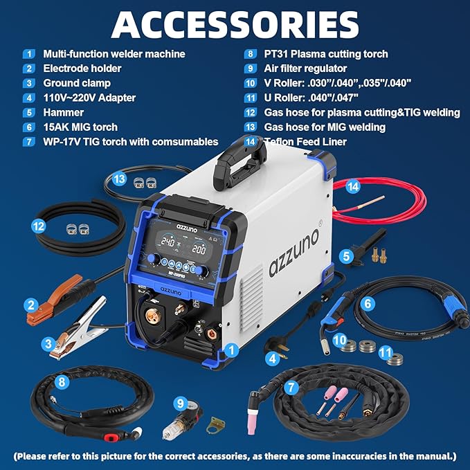 AZZUNO Plasma Cutter Welder Combo 200A, Gas MIG/PULSE MIG/MAG/Flux Gasless MIG/HF TIG/Stick/CUT/SPOT MIG 8 in 1 Multiprocess Welder Machine, 110/220V Dual Voltage Aluminum Welding Machine