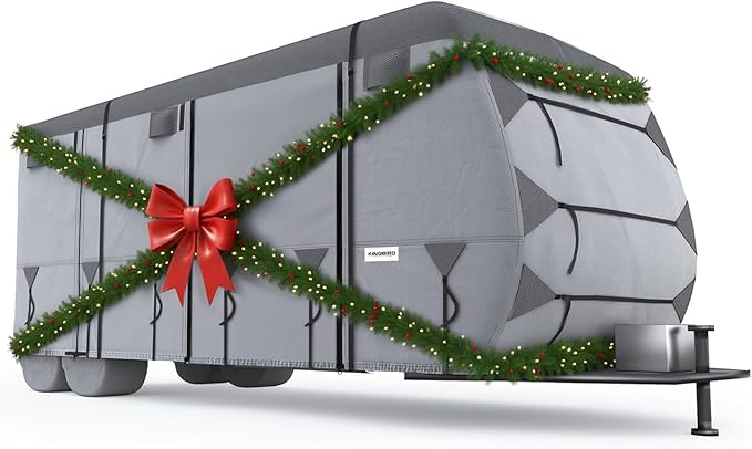 KING BIRD Oxford Fabric Travel Trailer RV Cover, 600D Oxford Camper Cover 24-27 ft Tearproof Waterproof Windproof Travel Trailer Cover with 2Pcs Extra Straps, 6 Gutter Covers & 4 Tire Covers