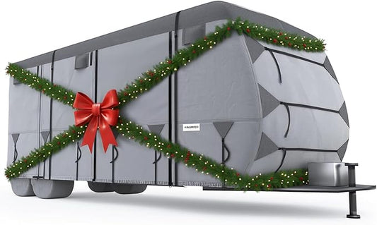 KING BIRD Oxford Fabric Travel Trailer RV Cover, 600D Oxford Camper Cover 24-27 ft Tearproof Waterproof Windproof Travel Trailer Cover with 2Pcs Extra Straps, 6 Gutter Covers & 4 Tire Covers