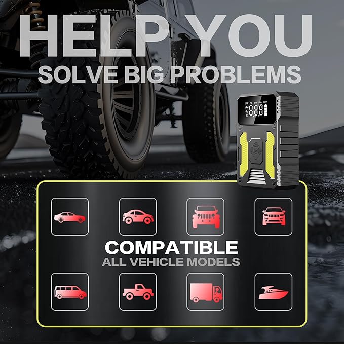 3000A Jump Starter with Air Compressor, 12V Battery Booster, 150PSI Tire Inflator Auto-Stop, QC3.0 Fast Charging Power Bank, Type-C Input/Output, LED SOS Light for Emergency Use