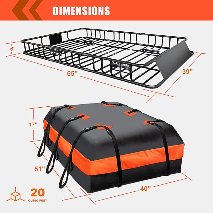 MeeFar Roof Rack Carrier Basket Universal Rooftop 65" X 39" X 6" Large Size Roof Rack + Waterproof Bag 20 Cubic Feet (51" 40" 17"), and Cargo Net with Attachment Hooks, Ratchet Straps