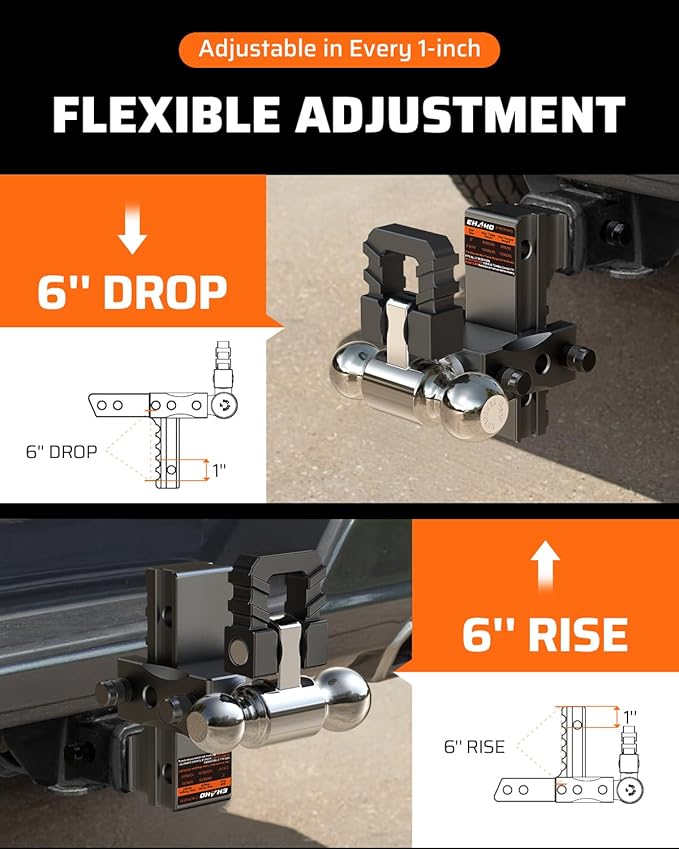 Ehaho Adjustable Trailer Hitch, Drop Hitch 2 Inch Receiver with Shackle 6 Inch Drop/Rise for Truck 12,500 LBS GTW,Weatherproof Anti-Theft Locking Hitch Pins