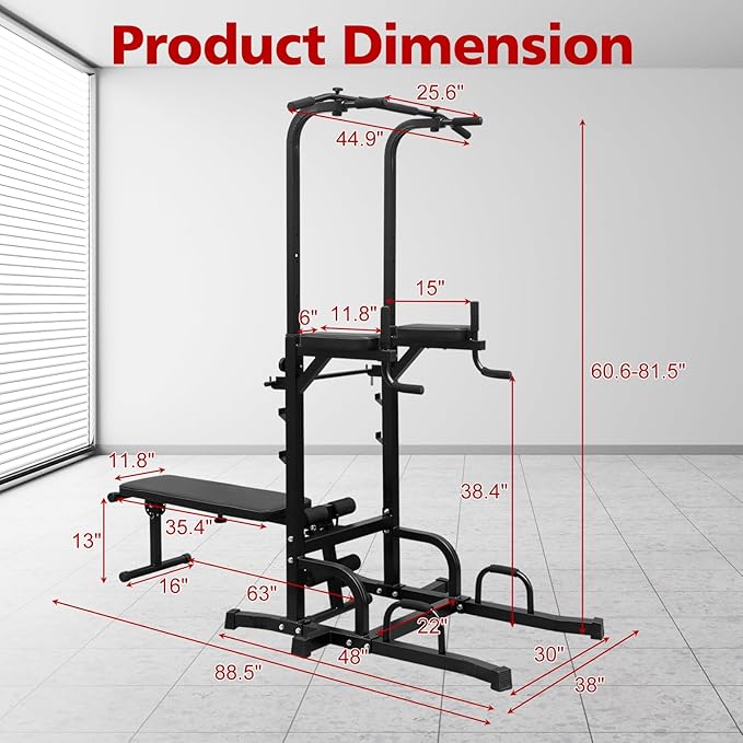Power Tower Pull Up Bar Station,Height Adjustable Multi-Function Dip Station for Home Gym Strength Training Fitness Workout Equipment
