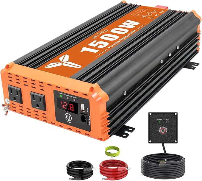 1500 Watt Pure Sine Wave Power Inverter 12V DC to 120V AC,3000W Surge Peak Power, Inverter for RV, Truck, Solar, Campers with 2 AC Outlet, 5V 2.0A USB, Remote Control Compatible with Lithium