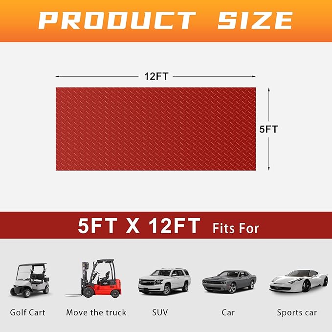 Boshen 5x12FT Garage Floor Mat, 2.5mm Thickened Diamond Plate PVC Rubber & Vinyl Flooring Roll, 60 SQFT Non-Slip Rubber Garage Mat for Floor Under Car Protection - Red
