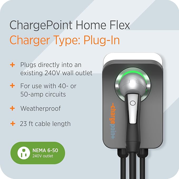 ChargePoint HomeFlex Level 2 EV Charger NACS, NEMA 6-50 Plug for Electric Car - Fast Smart Battery Power Charging at Home for Electric Automobile Vehicles