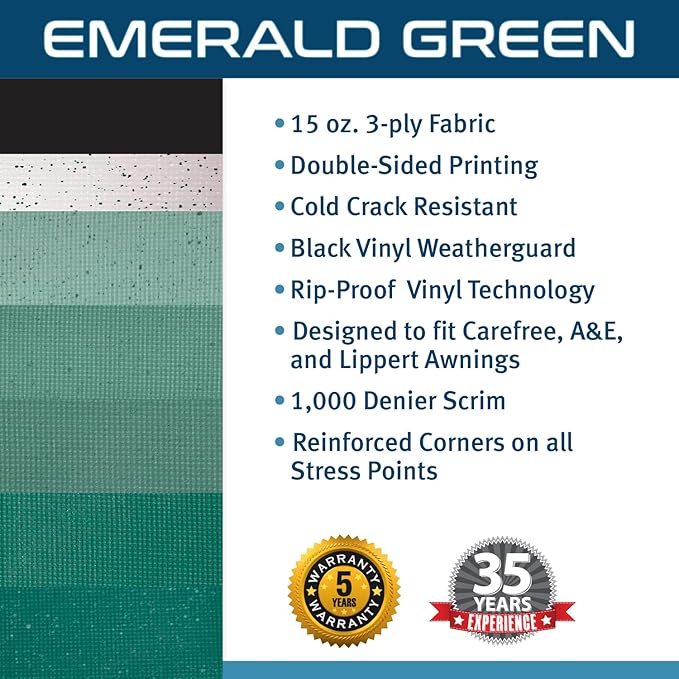 ShadePro - RV Awning Fabric Replacement - Heavy Duty Weatherproof Vinyl - Universal Outdoor Canopy for Camper, Trailer, and Motorhome Awnings - Emerald Green Blk WG - 23' (Fabric 22' 2")