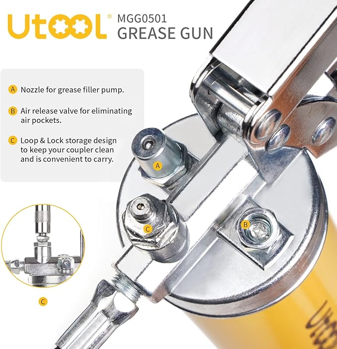 UTOOL Grease Gun, 8000 PSI Heavy Duty Pistol Grip Grease Gun Kit with 14 oz Capacity, 18 Inch Resin Flex Hose, 1 Patented Double Handle Coupler, 1 Basic Coupler