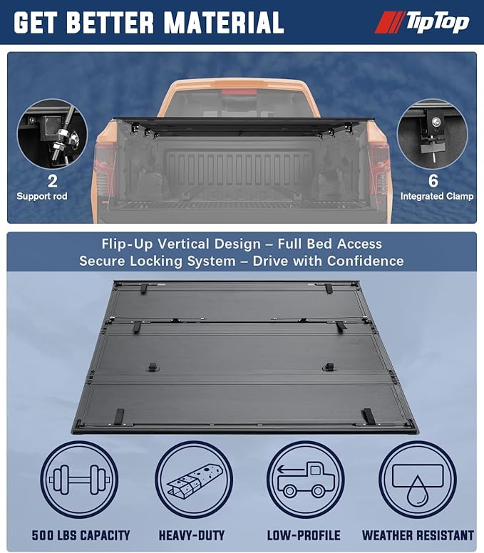 TIPTOP FILP Up Hard Folding Tonneau Cover Fits 2015-2025 Ford F150 6.5ft Bed (78.9") | Lightweight FRP, Low-Profile Waterproof Truck Bed Cover G3