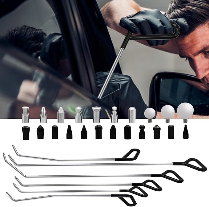 Car Dent Removal Rod Tools,Paintless Dent Repair Kit with 6 Pcs Stainless Steel Rods and 22Pcs Tips,Dent Repair Rods for Car Dents Door Dings and Hail Damage Removal