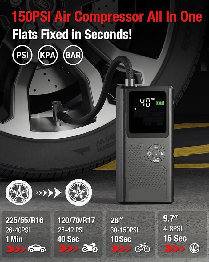 CS02 6250A Peak Jump Starter with Air Compressor, 20000mAh Battery Pack, 8.5L Gas/6.5L Diesel, USB-A Charging, Smart Display, 50 Starts, Safety Protection