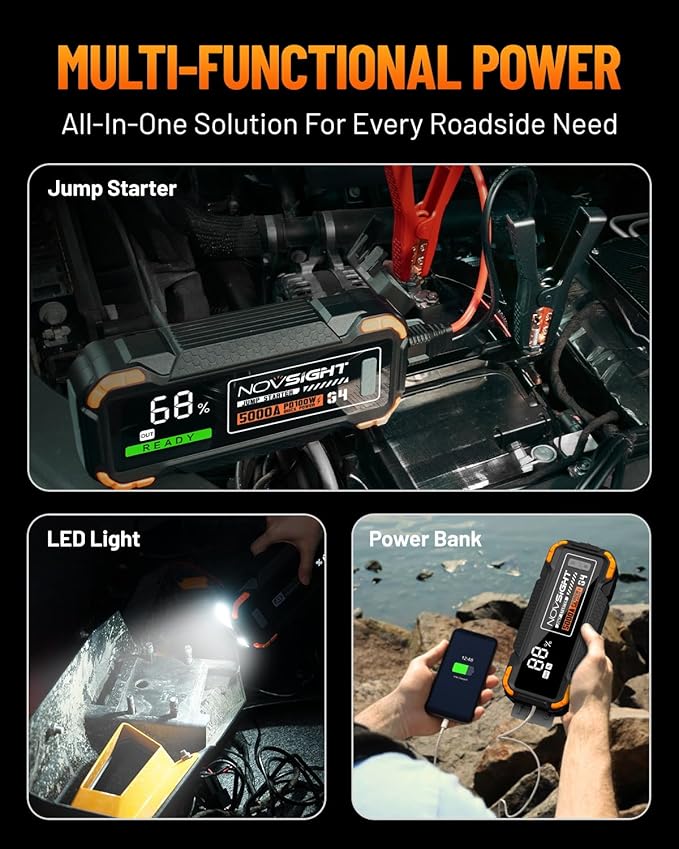 NOVSIGHT Car Battery Jump Starter - 5000A Portable Battery Jumper (12.0L Gas/10.0L Diesel) 12V Car Starter Jump Box with USB Type-C Quick Charge, Bulit-in Charge 3 Modes, Dual Color Lights(Orange)