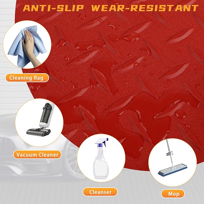 Boshen 5x7.5FT Garage Floor Mat, 2.5mm Thickened Diamond Plate PVC Rubber & Vinyl Flooring Roll, 37.5 SQFT Non-Slip Rubber Garage Mat for Floor Under Car Protection - Red