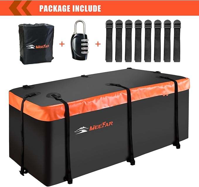 MeeFar Hitch Mount Cargo Carrier Bag Soft Shell 100% Waterproof 15 Cubic Feet (58" 24" 19") Include 8 Reinforced Straps for Truck Pickup All Vehicle with Steel Cargo Basket