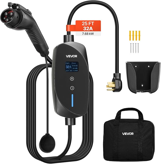 VEVOR Level 2 EV Charger, 32 Amp Adjustable Current, 240V Electric Vehicle Portable Charger with 25 ft Charging Cable, NEMA 14-50P Plug, LCD Display, Plug-in Home Car Charging Station for SAE J1772 EV