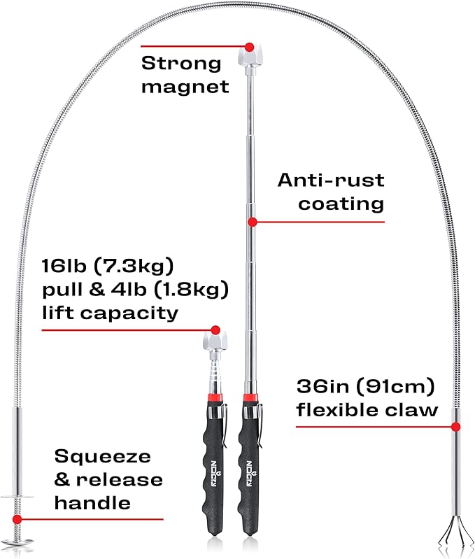 NoCry Premium Pick Up Tool Set — Includes a 36in Flexible Claw Grabber and a Telescoping Magnetic Pickup Stick with a 16lb Pull Force Magnet — Anti-Rust Zinc Coating