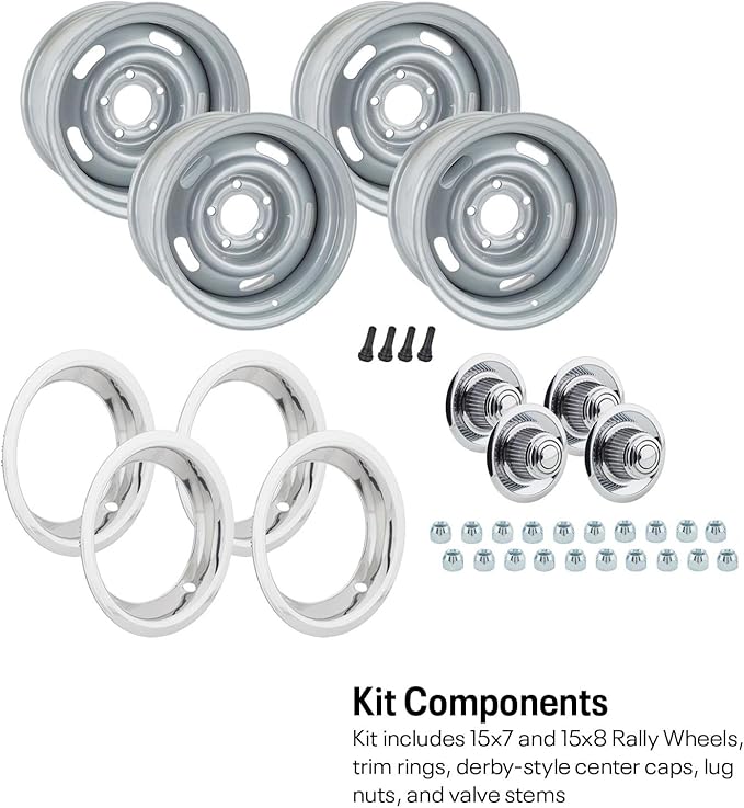 Speedway Motors GM Style Rally Wheel Kit with 15x7 and 15x8 Silver Painted Steel Wheels, 5 on 4.75” BP, Includes Beauty Rings, Derby Center Caps, Lug Nuts, and Valve Stems Set of 4