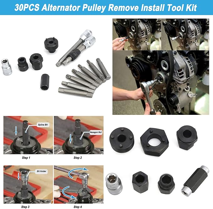 30PCS Alternator Pulley Removal and Installation Tool Kit, Clutch Freewheel Removal Socket Bit Set, Compatible with Audi BMW Ford GM Mercedes Porsche Volvo Skoda VW and More Vehicle