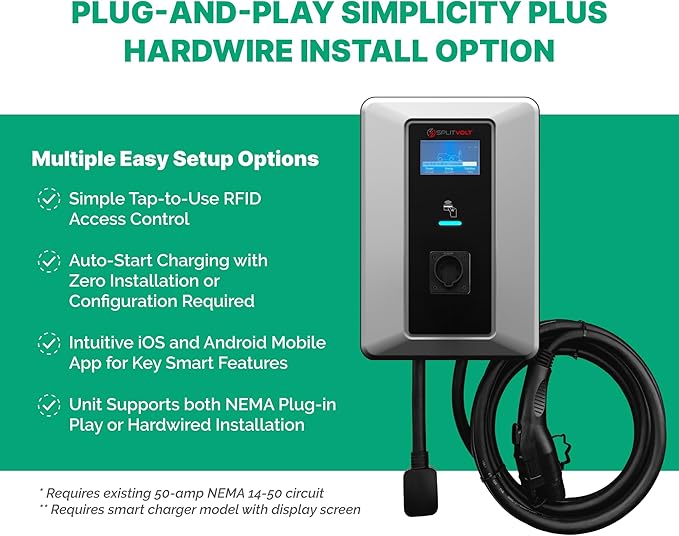 Splitvolt Level 2 Smart EV Charging Station - Connected, Adjustable 12kW, Display, Scheduling, RFID, NEMA 14-50, J1772, OCPP Compatible, Outdoor Rated, 23ft