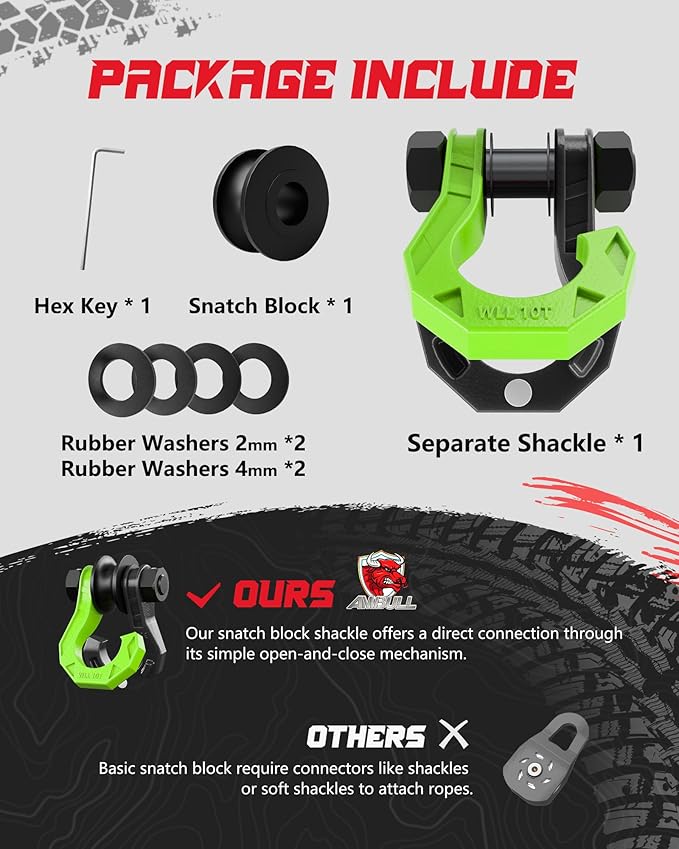 D Ring Separate Shackle with Snatch Block, 3/4" Easy Open Shackles w/Snatch Block Pulley, Heavy Duty Shackle for Towing Winch, Pulley for Off-Road Vehicle Recovery, Truck, ATV, UTV, Blackgreen