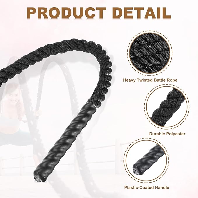 MECCANIXITY Battle Rope 20ft x 1 Inch Polyester Workout Rope Heavy Fitness Exercise Rope for Strength Training Home Gym Muscle Building, Black