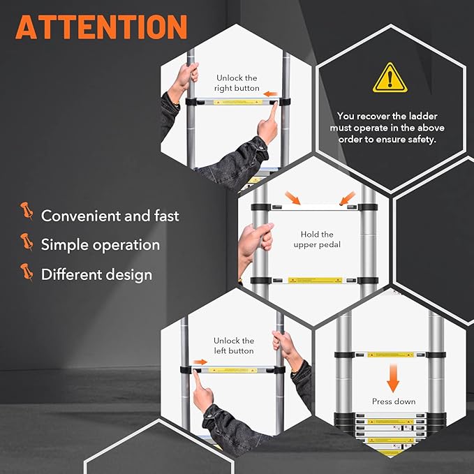 12.5FT Telescoping Ladder, Aluminum Lightweight Extension Ladder w/Triangle Stabilizers, 330lbs Capacity Retractable Ladder for RV Home and Outdoor Silvery