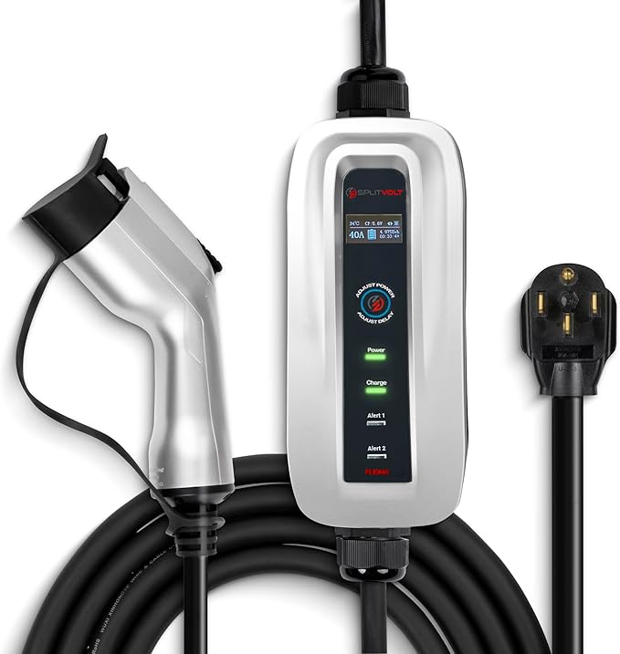 Splitvolt Level 2 Adjustable EV Charger (240v, 26 ft Cable, NEMA 14-50, Adjustable up to 40 Amps) Live LCD Screen Time Delay Start Function, NEC Fast 50A Circuit Charging J1772 Plug with Travel Bag