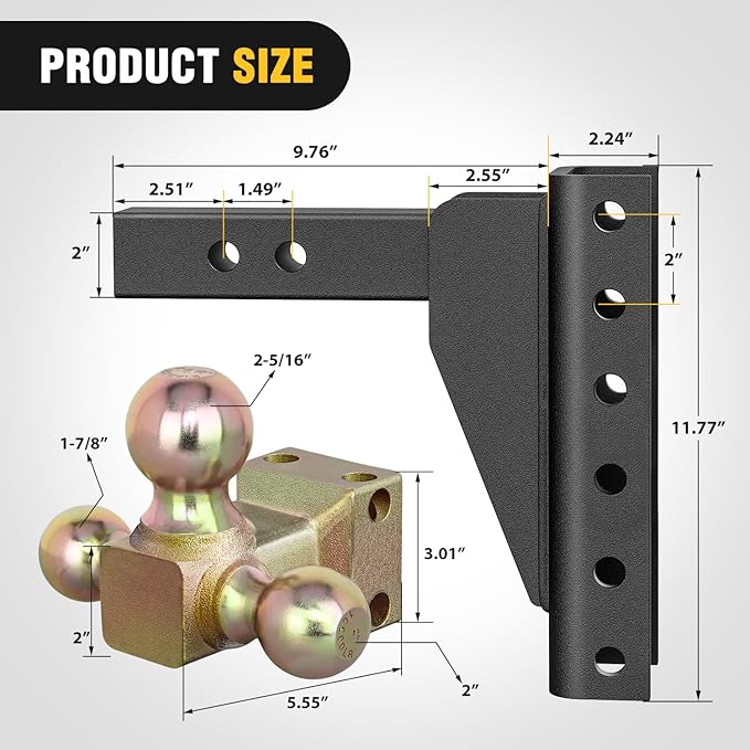 Nilight Adjustable Tri-Ball Trailer Hitch Mount 8 Inch Drop/Rise Hitch 1-7/8" 2" 2-5/16" Fits 2-Inch Receiver 15000lbs GTW for Heavy Duty Truck with Anti-Theft Pin