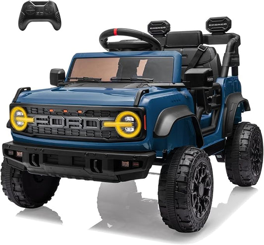 12V Ride on Toy for Kids, Ford Bronco Raptor Kids Electric Car with Parent Remote Control, Battery Powered Truck Car with 4-Wheel Suspension, LED Light, Bluetooth, 3 Speeds (12V, Deepblue)