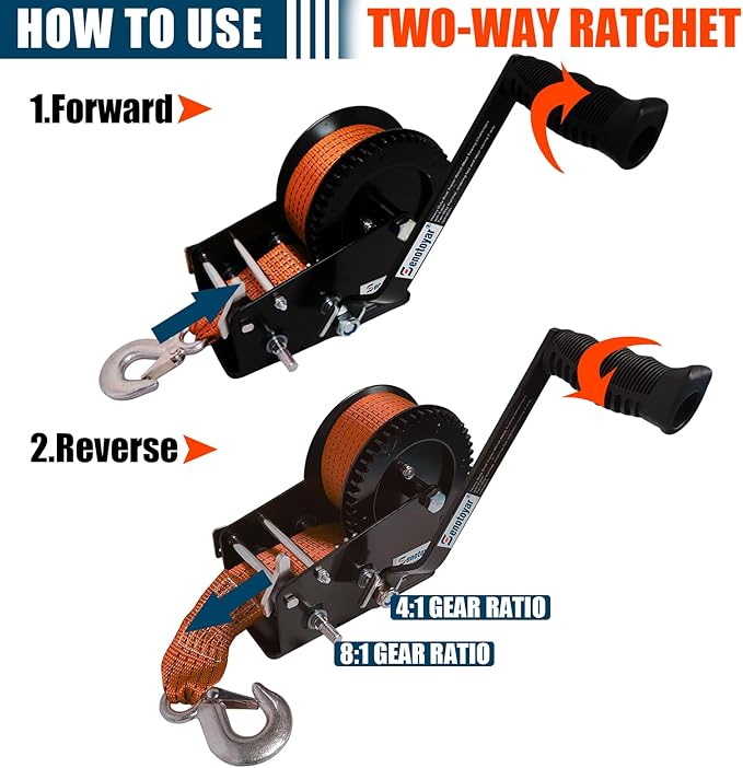 Heavy Duty Boat Trailer Winch,HandCrank Winch 3500lbs Capacity with 32FT Strap,2-Way Ratchet 4:1/8:1 Gear Switchable Hand Crank Winch for Boat,Trailer,Truck,RV,ATV and Jet Ski