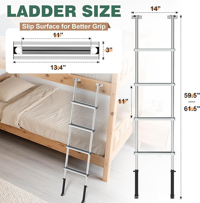 Pre-Assembled RV Bunk Ladder,3 Height Options (59.5"/60.5"/61.5"), Heavy Duty Bunk Bed Ladder with 4 Wider Anti-Slip Steps & Flexible Hooks,for 57.5"-59.4" Bed,Fits RV,Camper,Dorms & Kids Rooms