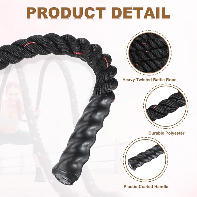 MECCANIXITY Battle Rope 30ft x 2 Inch Polyester Workout Rope Heavy Fitness Exercise Rope for Strength Training Home Gym Muscle Building, Black Red
