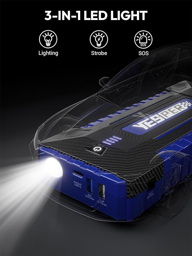 YESPER 2160A Car Jump Starter Portable，Battery Jumper Booster Pack, Boost Jump Box for Most 12V Vehicle (Up to 9.0L Gas/7.0L Diesel Engine), DSLI Safe Tech, PD 15W Fast Charge & DC 15V Port