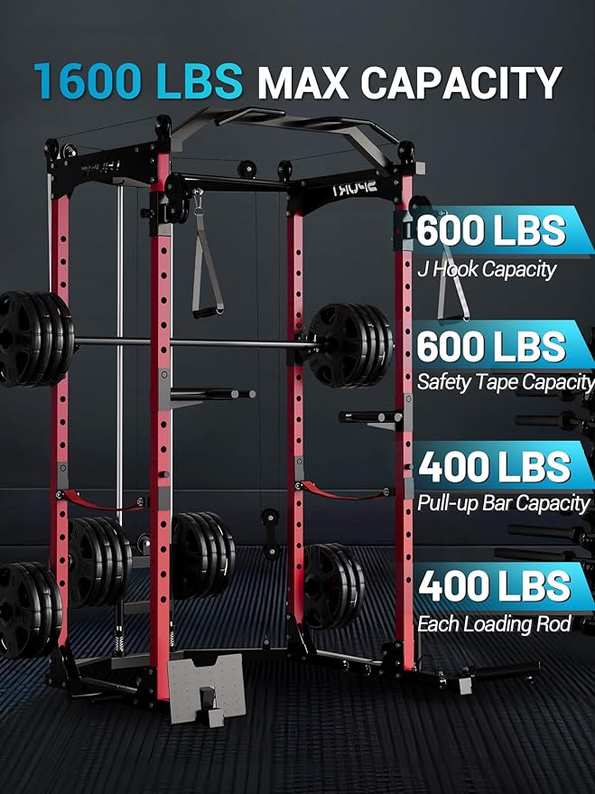 Power Cage, Multi-Functional Power Racks for Home Gym with Cable System, 1600LBS Weight Capacity Fitness Reality Squat Rack for Strength Workout with More Training Attachment,Black