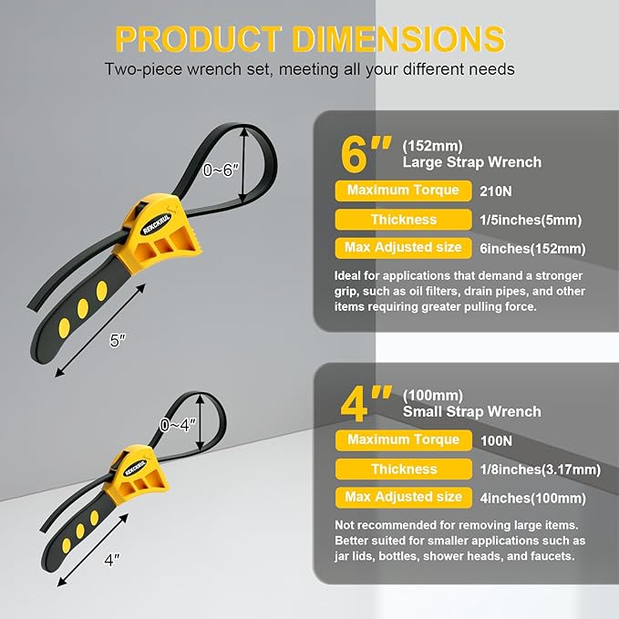 2 PCS Heavy-Duty Strap Wrench Set Upgrade – 4" to 6" Diameter Adjustable Oil Filter Wrench, Reinforced Rubber - Jar Opener, Plumbing Tool for Shower Heads, Water Filters, Pipes