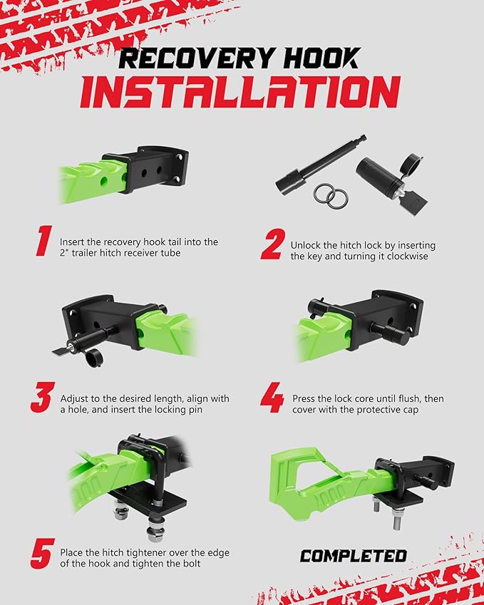 Tow Hitch Receiver With Tightener, 2 Inch Truck Hitch, Drop Forged Steel Trailer Hook 88000 Lbs Break Strength, Scorpion Tail Tow Hook for Trucks, Green