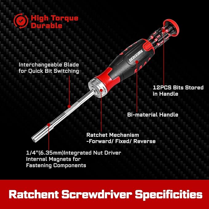 53Pieces Ratcheting Screwdriver Set, 12-in-1 1/4" Hex Shaft Magnetic Screwdriver Quick-Load Screwdriver Bits/Sockets and Adapter Multi-bit Screw Driver Repair Tool