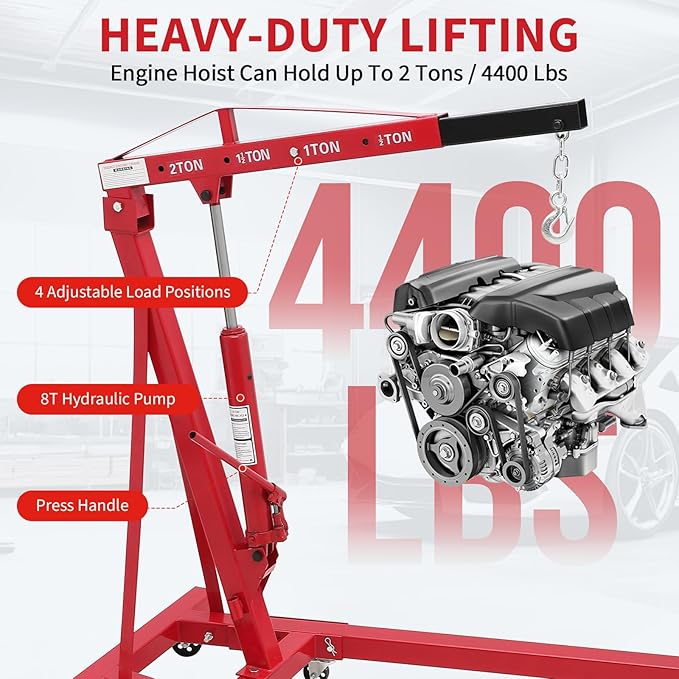 2-Ton Folding Engine Hoist Cherry Picker 4400 Lb Capacity Hydraulic Shop Crane with Telescoping Boom 6 Caster Wheels for Automotive Repair