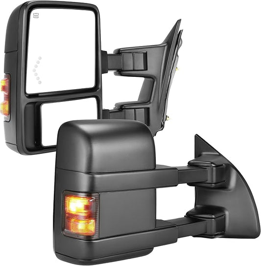 DWVO Towing Mirrors for Ford F-250 F-350 F-450 F-550 Super Duty 1999-2007 & Excursion 2001-2005 - LED Turn Signal, Heated, Telescoping, Power Adjustable, Black