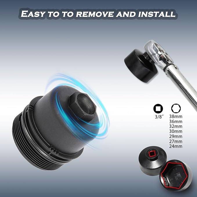 7 Pcs Low Profile Oil Filter Socket Set 6 Point Canister Oil Filter Cap Wrench Remover and Installer Tool Kit Compatible with VW BMW V0lVO Chevy Etc with 3/8" Drive 24mm 27mm 29mm 30mm 32mm 36mm 38mm