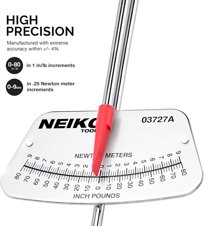 Neiko 03727A 1/4-Inch-Drive Beam Torque Wrench, SAE and MM Bicycle and Automotive Wrench, Reads in 0–80 Inches/Pounds and 0–9 Newton/Meter Increments